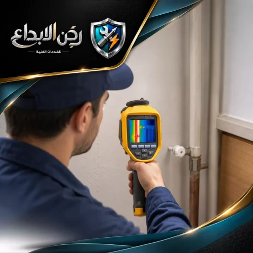 كشف تسرب المياه الشارقة 0553689103 ركن الابداع استخدام أحدث كاميرات كشف التسربات الحرارية لتحديد مكان الخلل بدقة خلف الجدار دون أي تكسير.