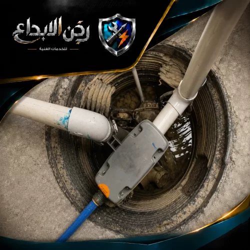 سحب مياه الصرف 0553689103 ركن الابداع صورة لغرفة تفتيش أرضية تحتوي على تمديدات أنابيب بلاستيكية بيضاء لتنظيم تدفق المياه والصيانة.