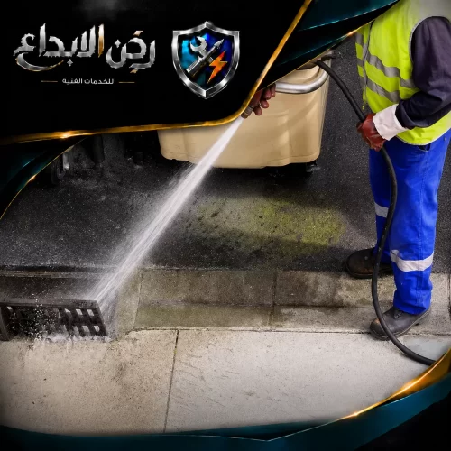 عامل يرتدي سترة واقية يستخدم خرطوم ضغط عالي لتنظيف وغسل مصارف المياه الخارجية.