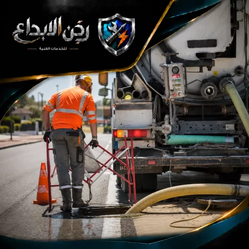 تسليك بيارات في الفجيرة 0553689103 ركن الابداع فني يرتدي ملابس برتقالية يجهز معدات وعلامات أمان بجانب سيارة شفط.
