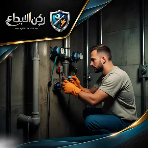 كشف تسربات المياه المخفية 0553689103 ركن الابداع لقطة مقربة لأيدي فنيين بقفازات يستخدمون مفتاح ربط لإحكام توصيلات أنابيب معدنية.