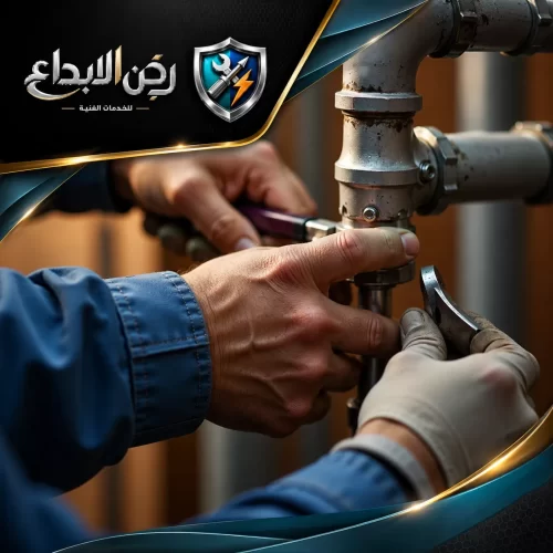 الكشف المبكر عن مشاكل تمديدات المياه 0553689103 ركن الابداع لقطة مقربة لأيدي فنيين بقفازات يستخدمون مفتاح ربط لإحكام توصيلات أنابيب معدنية