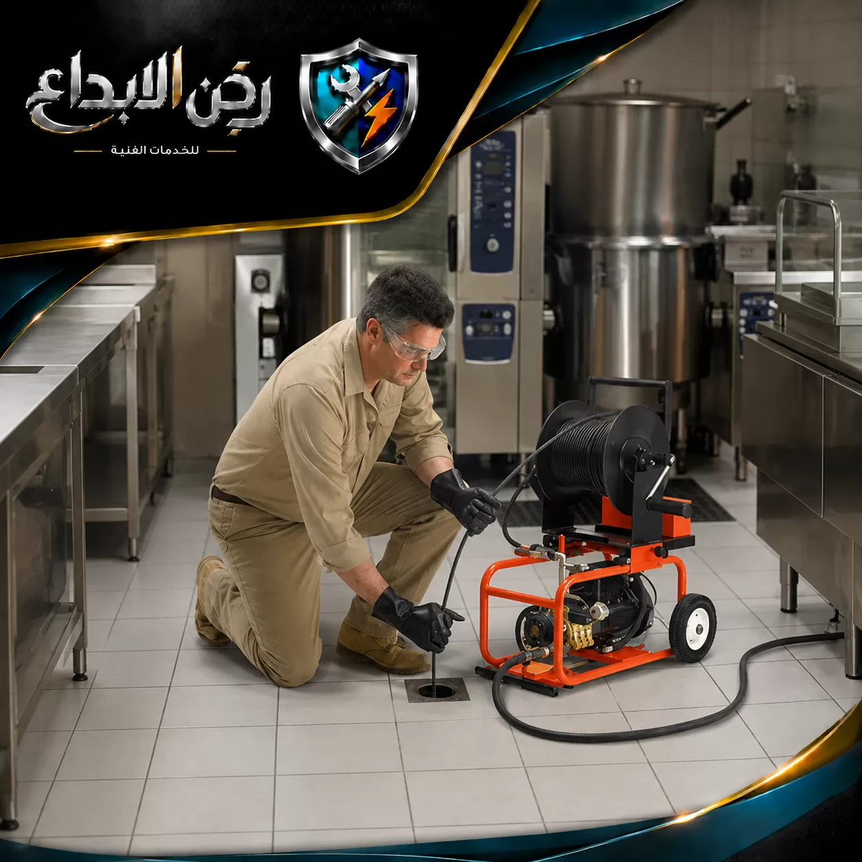 شركة تسليك مجاري في دبي 24 ساعة 0553689103 ركن الابداع فنيًا يستخدم ماكينة متخصصة لتسليك وتنظيف مجاري الصرف داخل مطبخ تجاري مجهز.
