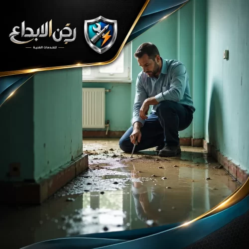 كشف تسربات المياه مجانا في الفجيرة 0553689103 فني محترف بـقميص أزرق يفحص أرضية غارقة بالمياه، في لقطة توضح أهمية كشف تسربات المياه