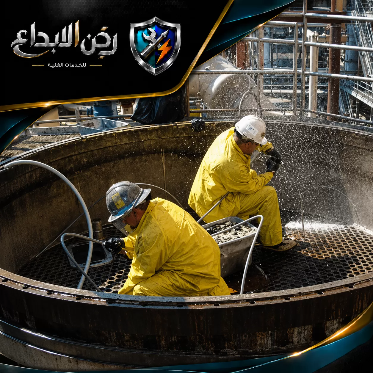 معالجة انسداد المجاري في ام القيوين 0553689103 ركن الابداع فنيون شركة تسليك مجاري في ام القيوين ينفذون داخل خزان صرف باستخدام معدات آمنة لضمان تدفق المياه