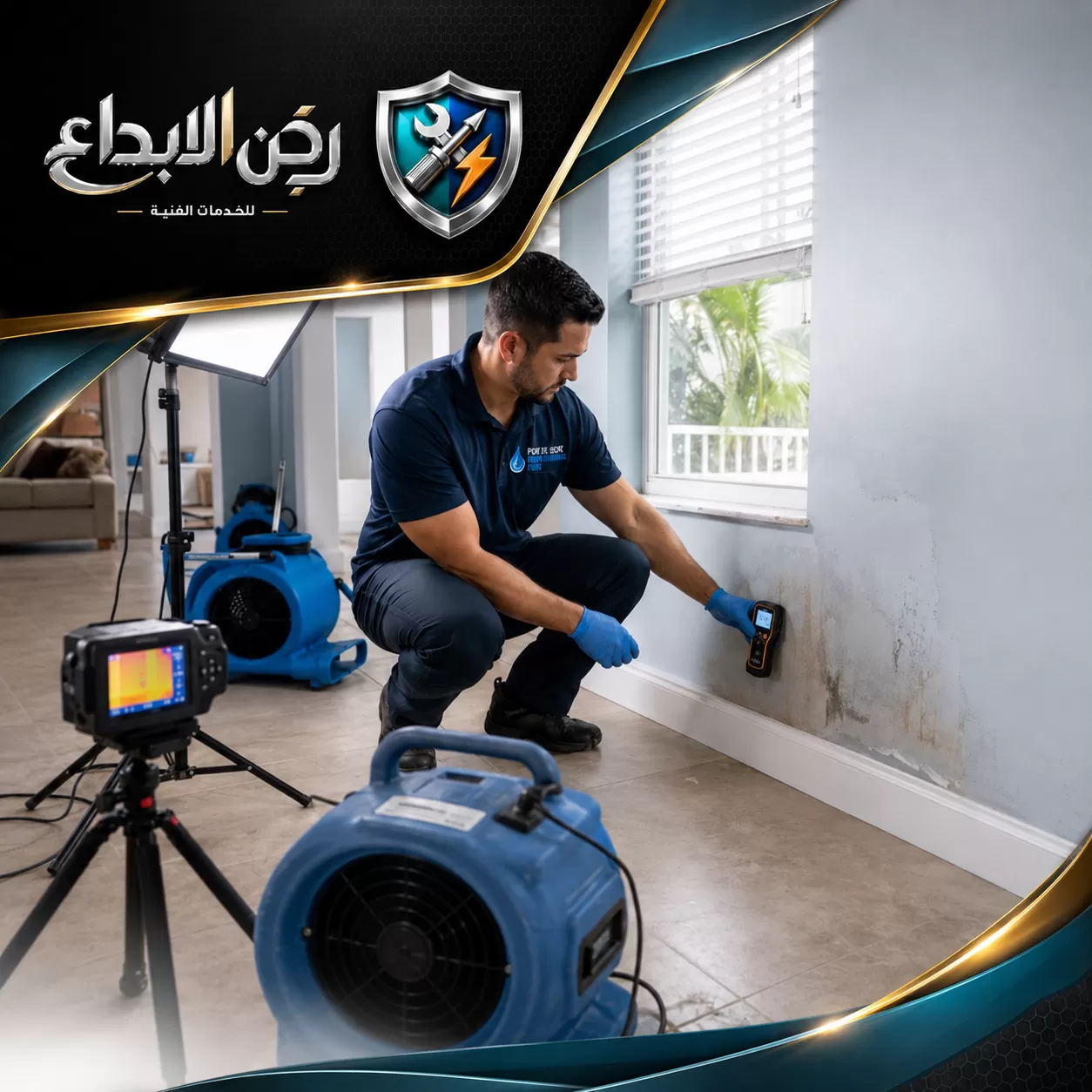 مراحل تنفيذ خدمة كشف التسربات في أبوظبي 0553689103 ركن الابداع فنيًا يجمع بين التصوير الحراري وقياس الرطوبة لفحص الجدار، مع تشغيل أجهزة التجفيف.