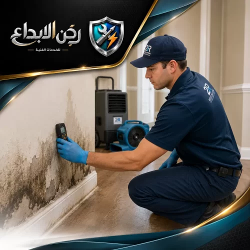 يستخدم جهاز قياس الرطوبة لفحص آثار العفن والتلف داخل الجدار، ضمن خدمة كشف تسربات المياه في أبوظبي.