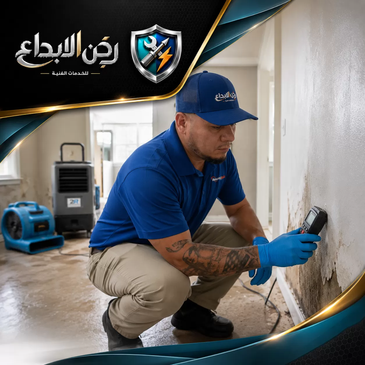 كشف تسربات المياه تحت البلاط ابوظبي 0553689103 ركن الابداع فحص الجزء السفلي من الجدار المتضرر لتحديد نسبة الرطوبة ومكان تجمع المياه، مع تجهيز معدات التجفيف.