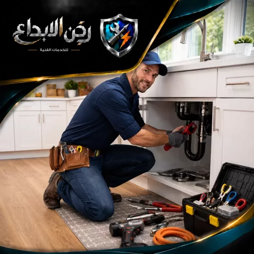 فني سباكة محترف يركع بجانب حوض المطبخ للقيام بـ تصليح صيانة أنابيب الصرف الصحي بمهارة عالية ودقة