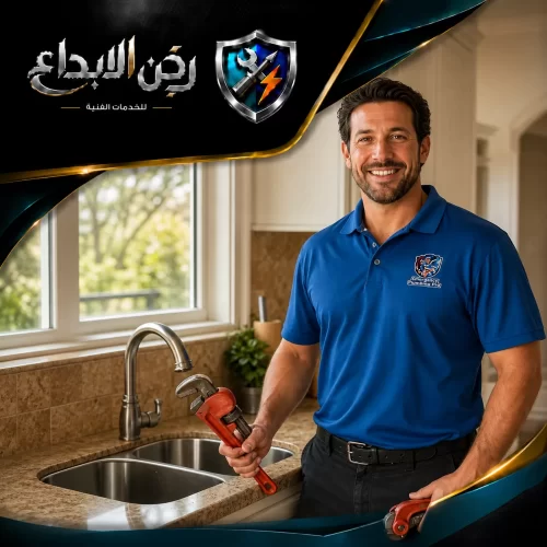 سباك مبتسم يرتدي زياً أزرق ويحمل مفتاح ربض كبير، جاهز لتقديم خدمات تركيب أدوات صحية وصيانة شاملة
