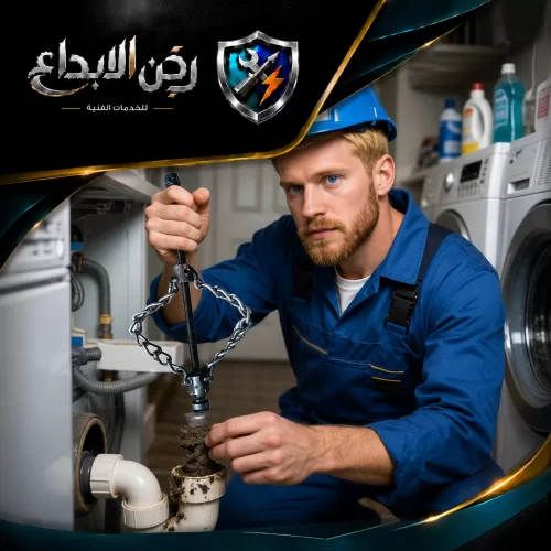 فني سباكة يرتدي خوذة زرقاء، يقوم بـ تسليك المجاري وإزالة الرواسب المتراكمة بحرفية لضمان تدفق المياه.