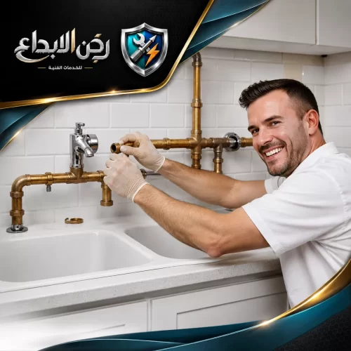 سباك يقوم بتركيب حنفيات جديدة وأنابيب نحاسية لامعة في مطبخ عصري بمهارة.