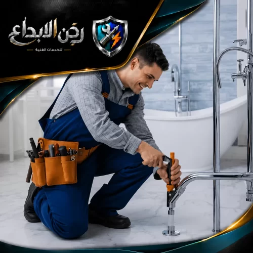 تسليك مجاري المطبخ في رأس الخيمة 0553689103 ركن الابداع سباك مبتسم يرتدي حزام عدة جلدي، يقوم بـ تركيب خلاط مياه عصري لحوض الاستحمام.