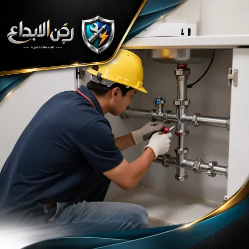 فحص تسربات المياه أم القيوين 0553689103 ركن الابداع فني سباكة بخوذة صفراء يقوم بتركيب أو صيانة شبكة مواسير معدنية معقدة تحت الحوض.