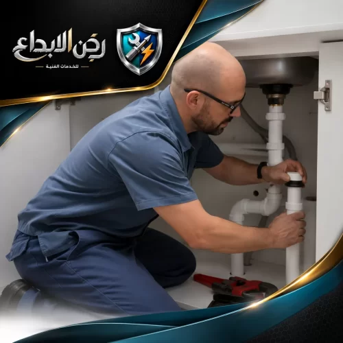 كشف تسربات المياه في أم القيوين 0553689103 ركن الابداع سباك محترف بزي أزرق يركب أو يصلح أنابيب الصرف الصحي تحت حوض المطبخ بدقة.