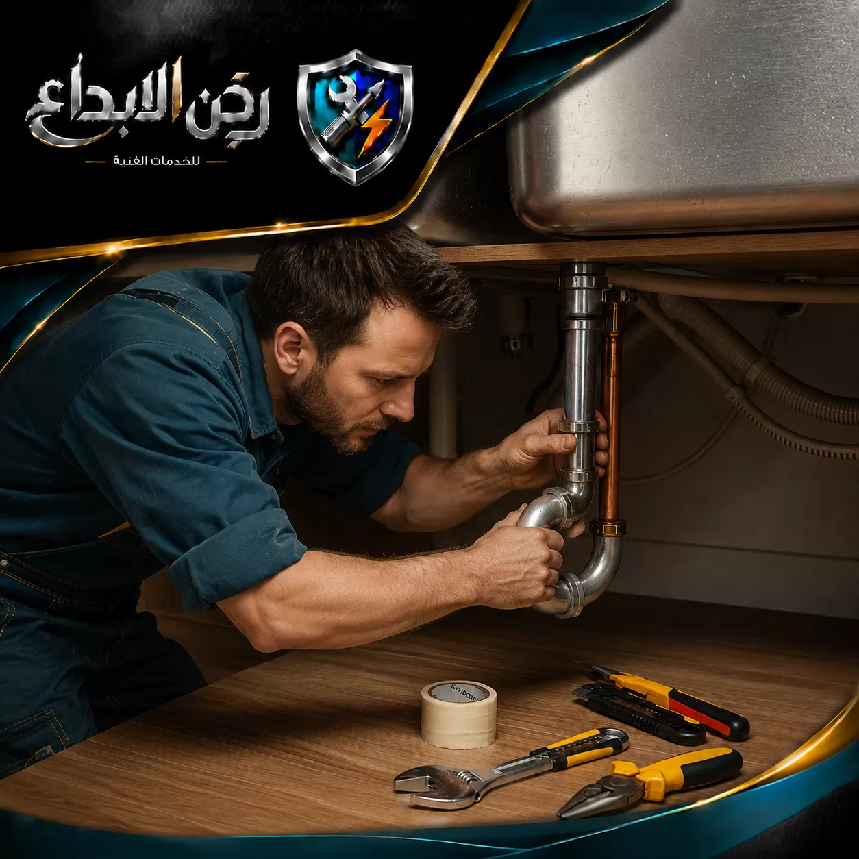 فني صيانة سباك يركب وإصلاح مواسير المياه تحت الحوض بدقة واحترافية عالية لضمان عمل شبكة الصرف.