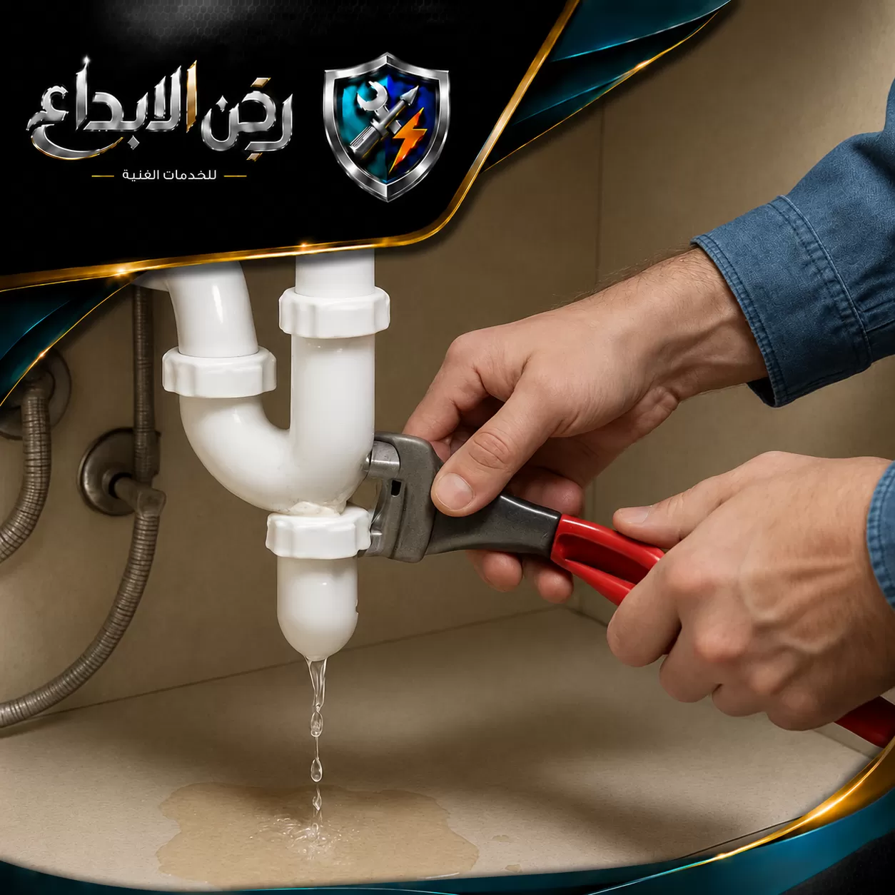 فني محترف يقوم بتقديم خدمات سباك صحي وإصلاح الأنابيب بدقة عالية تحت الحوض.