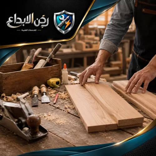 نجار يجهز الألواح الخشبية وأدوات النجارة المتنوعة على الطاولة لضمان تنفيذ أعمال النجارة العامة بإتقان