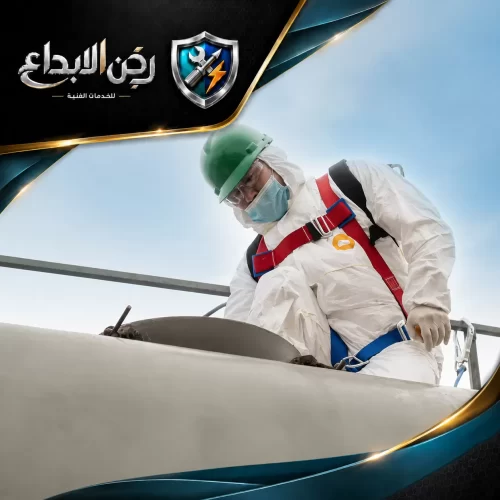 فني يرتدي بدلة بيضاء، كمامة، ونظارات، بالإضافة إلى حزام أمان يقوم بـ دهانات عازلة على سطح خزان