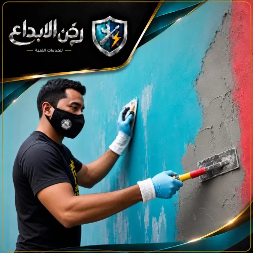 صباغ في راس الخيمة 0553689103 ركن الابداع فني محترف يرتدي خوذة بيضاء ويستخدم رول لـ دهان جدران باللون الأزرق المشرق، لإضفاء مظهر جذاب.