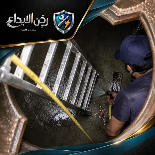 صيانة خزانات المياه في الشارقة 0553689103 شركة ركن الابداع عامل محترف يستخدم مضخة مياه قوية لتطهير و غسيل خزانات المياه الخرسانية من الداخل عبر فتحة الصيانة.