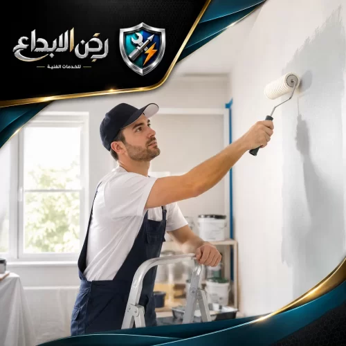 فني محترف يقف على سلم صغير ويستخدم رول الدهان لطلاء الجدران بلون رمادي فاتح ضمن خدمة دهان وتجديد المنازل
