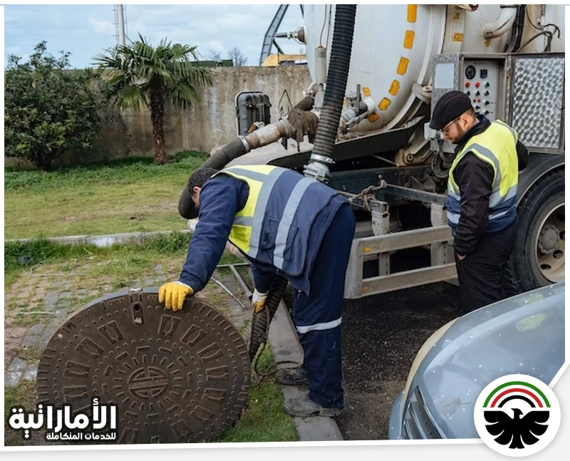 فني تسليك مجاري في دبي 0553689103 الإماراتية عمال تسليك مجاري يستخدمون سيارة شفط وخرطوم داخل غرفة صرف مفتوحة لسحب المياه والرواسب.