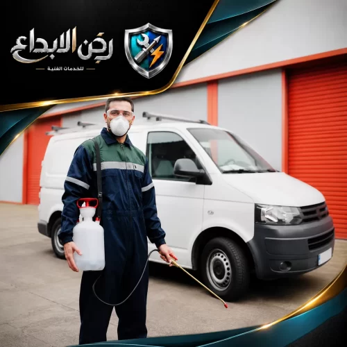 مكافحة الصراصير في دبي 0553689103 ركن الابداع فني يرتدي زياً محترفاً وقناعاً واقياً ويحمل مضخة رش المبيدات بجانب سيارة الخدمة لتقديم خدمات المكافحة.